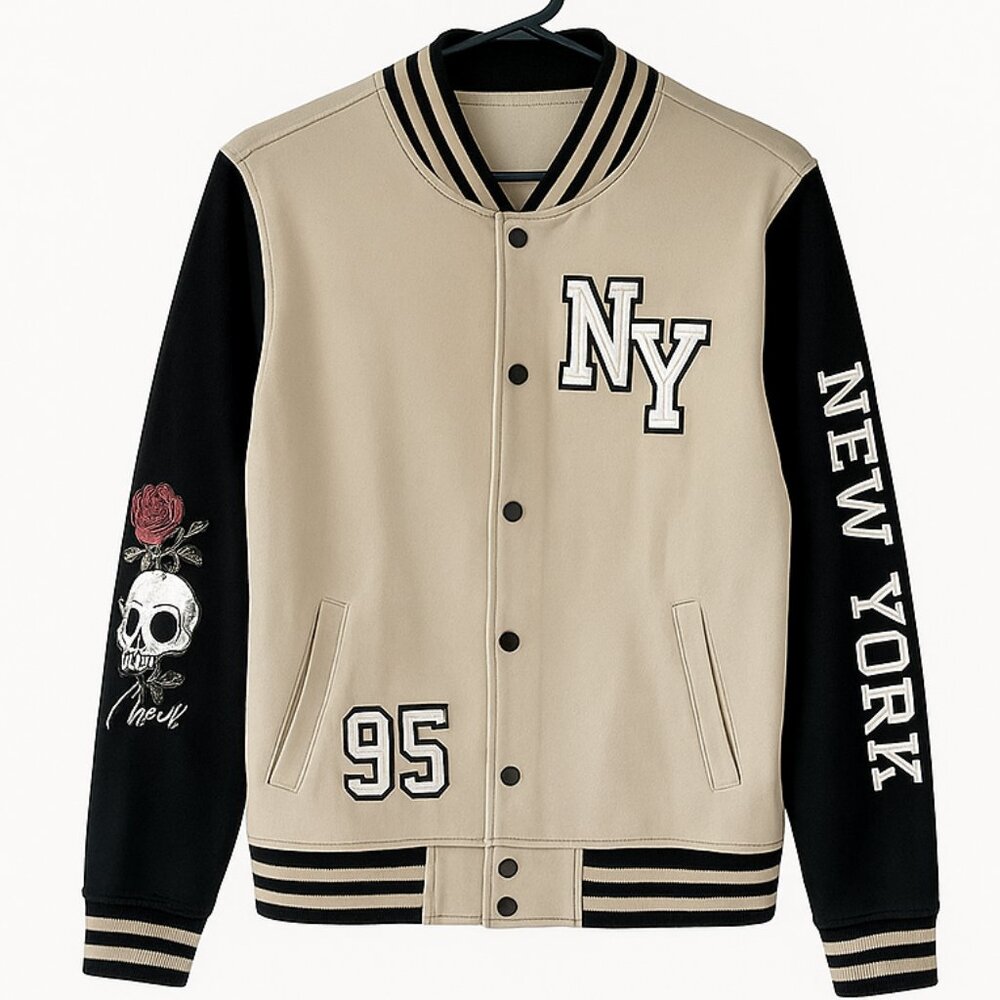 NY Varsity Jacket | Size M | Sand/Black, Women **NEW**